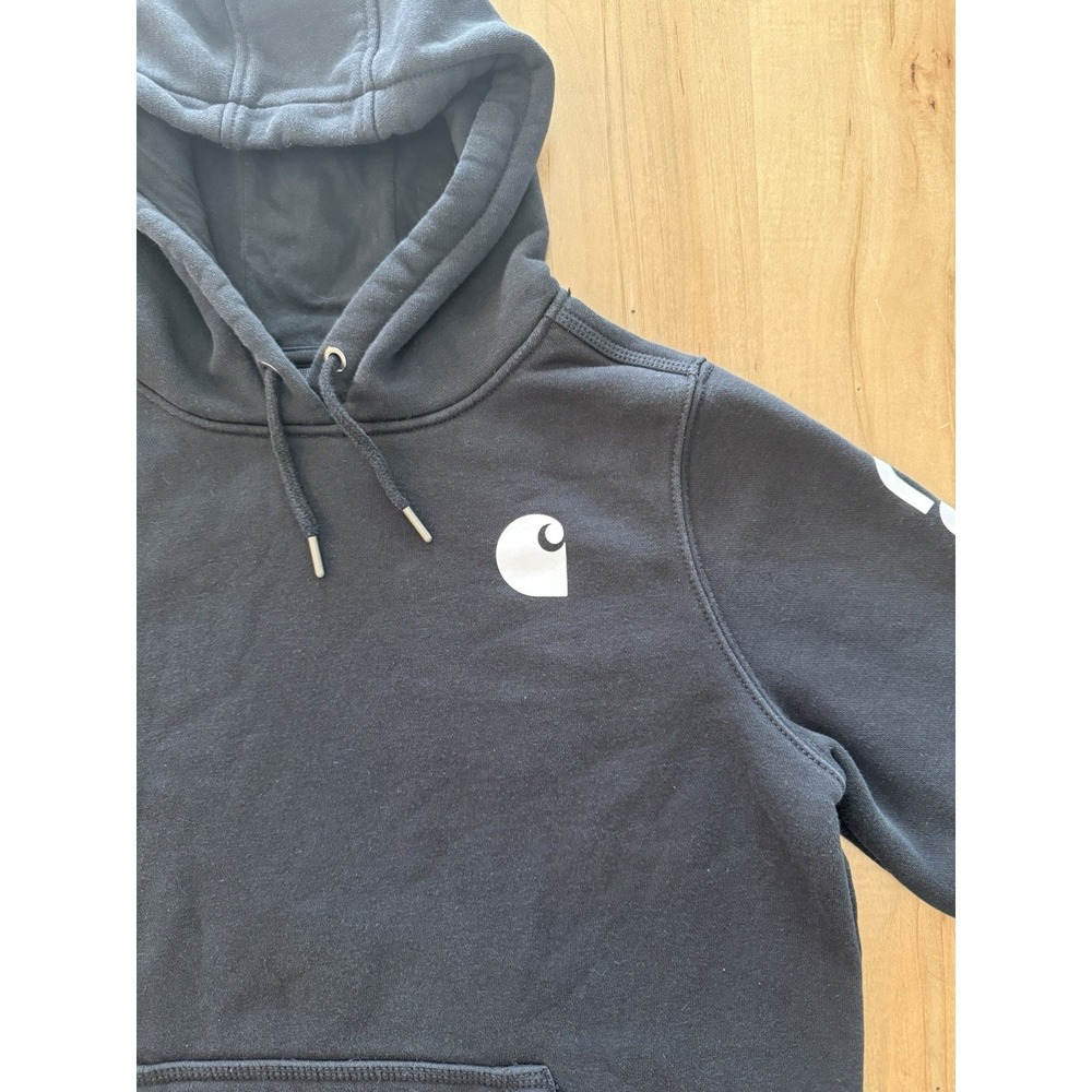 Womens Carhartt Size Large 12-14 Logo Sleeve Hoodie Black Relaxed Fit Sweatshirt - Picture 5 of 11
